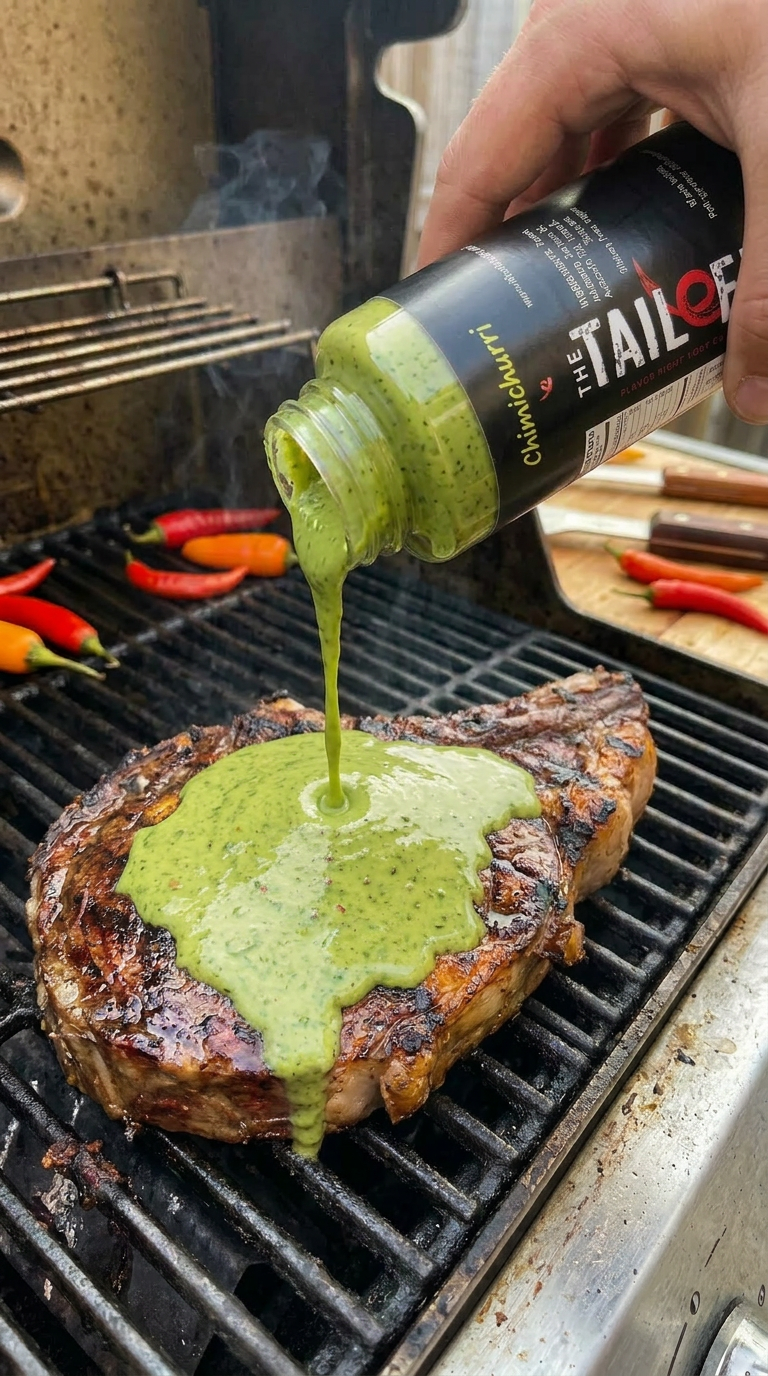 Chimichurri - fresh parsley and cilantro with chili pepper sauce on grilled steak.